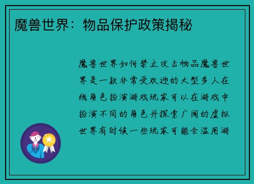 魔兽世界：物品保护政策揭秘
